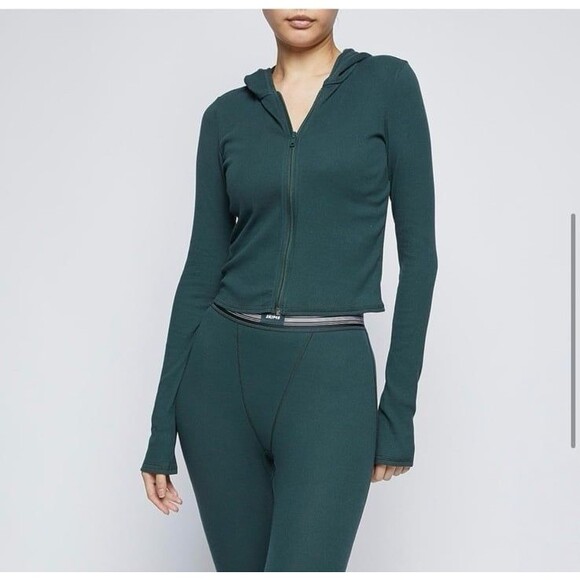 Skims Cotton Rib Zip Up Hoodie Spruce Size XS - Picture 1 of 12